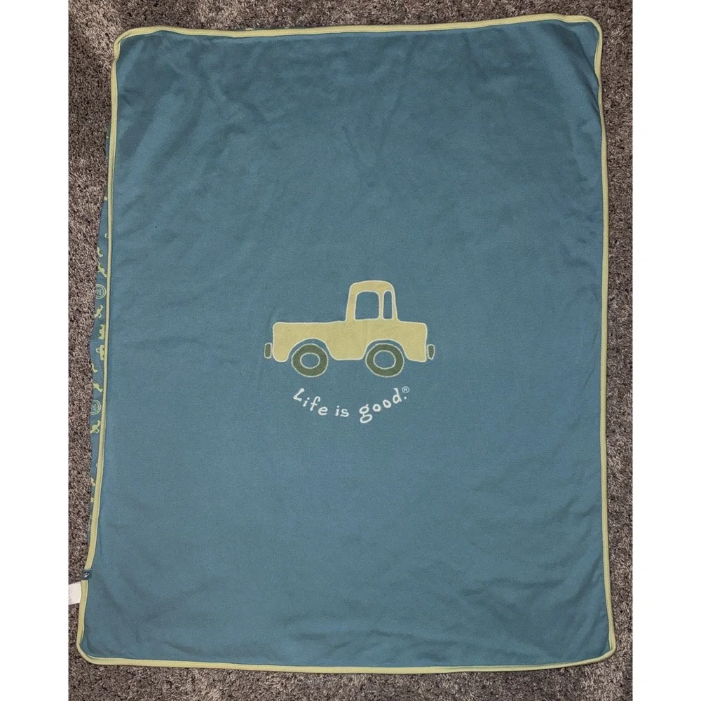 Life is Good Baby Blanket Truck Applique Baby Boy Blue‎ Green Reversible Cotton